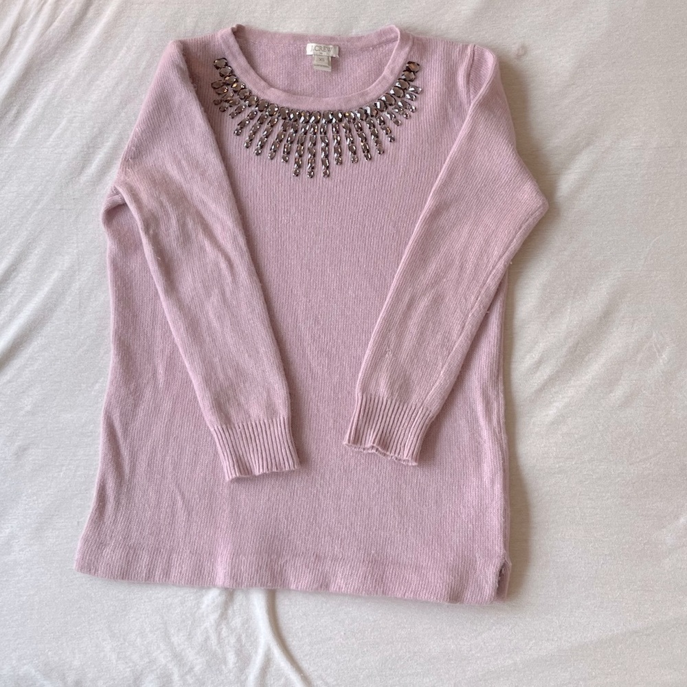 3/4 slv J.Crew J Crew xs rhinestone gem light purple pink spring Easter sweater
